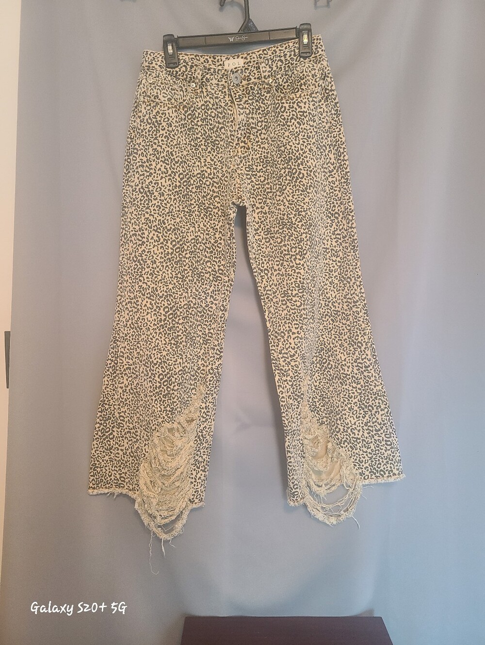 Leopard Print Distressed Wide-Leg Pants - Beige